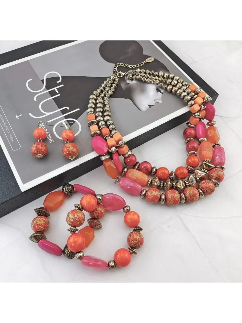 3 Layer Chunky Beaded Statement Jewelry Set - Necklace, Earrings & Bracelet